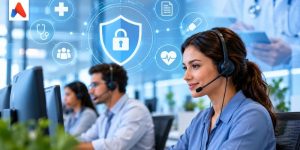 HIPAA-compliant healthcare call center agent securely handling patient information with data protection technology