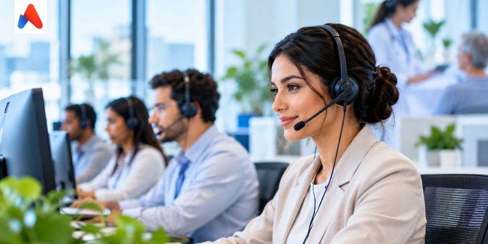 Healthcare contact center agents providing HIPAA-compliant patient and member support through secure communication channels