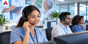 Healthcare call center agent providing patient support with a headset in a modern healthcare contact center