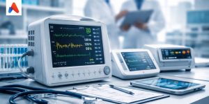 Advanced medical device monitoring setup with healthcare professionals reviewing data in a clinical lab environment