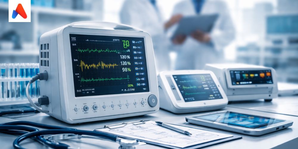 Advanced medical device monitoring setup with healthcare professionals reviewing data in a clinical lab environment