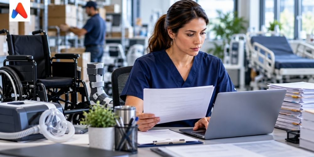 DMEPOS prior authorization specialist reviewing medical equipment documentation and supplier paperwork in a healthcare operations office