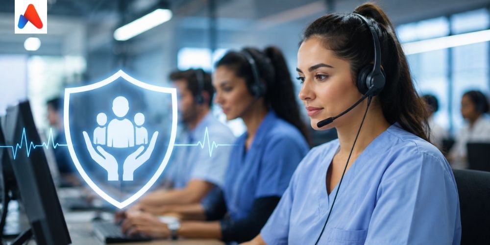 Healthcare call center agents providing patient support with dedicated staffing and patient safety focus
