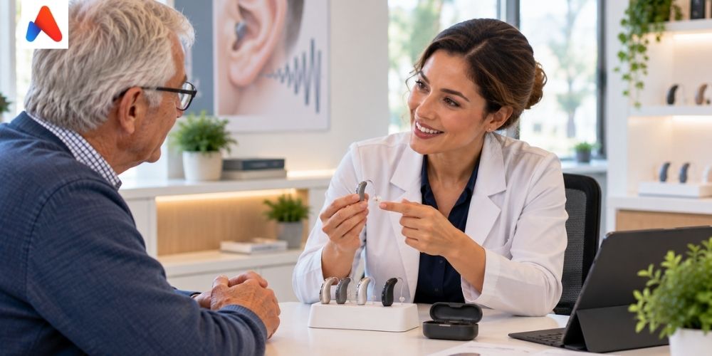 Hearing aid specialist demonstrating a hearing device during customer support consultation