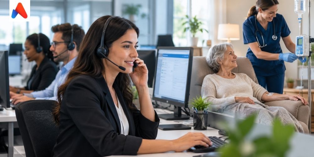 Home infusion patient support outsourcing team coordinating intake and scheduling for in-home IV therapy