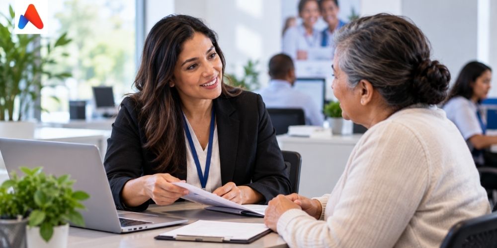Medicaid member discussing eligibility requirements with a healthcare support representative in an office setting