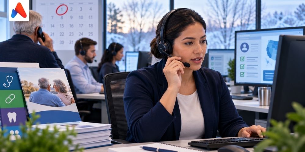 Medicare OEP call center agent assisting a member with plan switching and coverage questions.