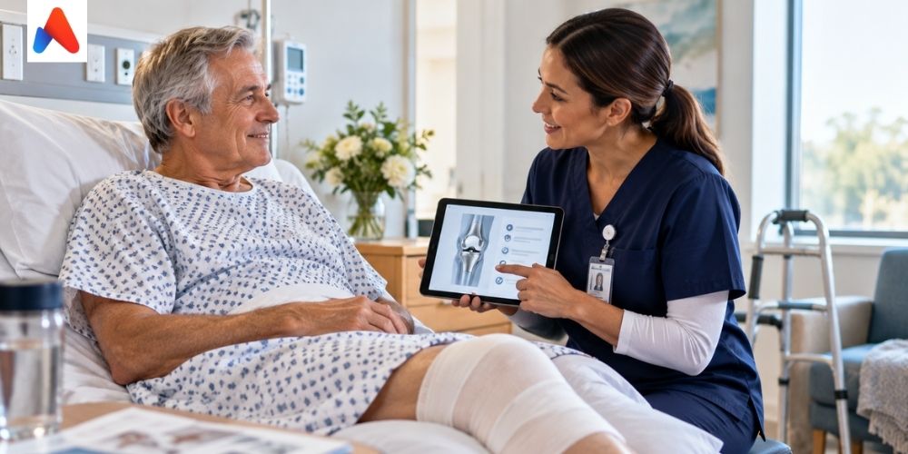 Post-surgical orthopedic patient receiving knee implant education from a nurse in a hospital room