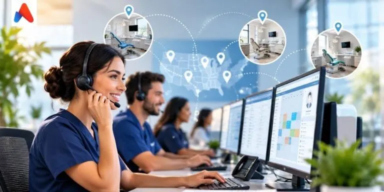 Dental-call-center-agents-coordinating-appointment-scheduling-and-patient-access-across-multiple-dental-practice-locations