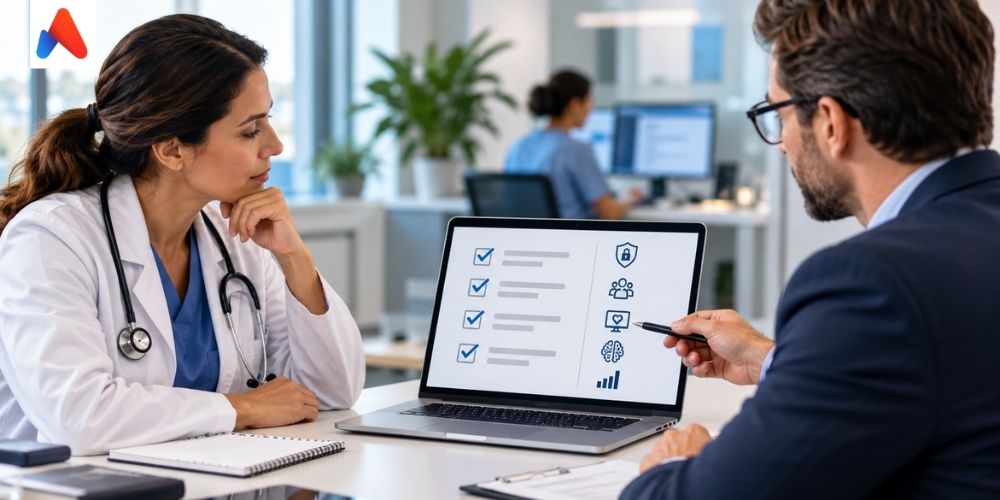 Medical scribing vendor evaluation meeting with physician reviewing EHR and compliance checklist