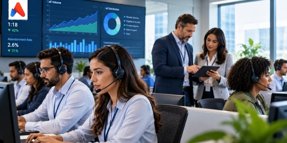 Modern healthcare call center team managing health plan call volume and overflow support